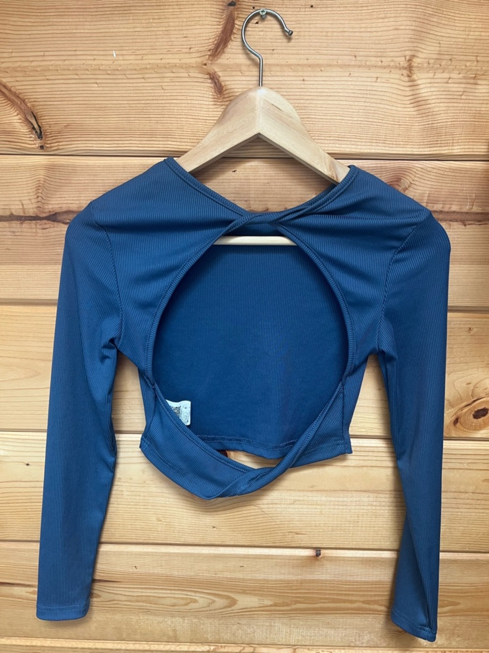 Blue Ribbed Long Sleeve Open Back Twist Crop Top